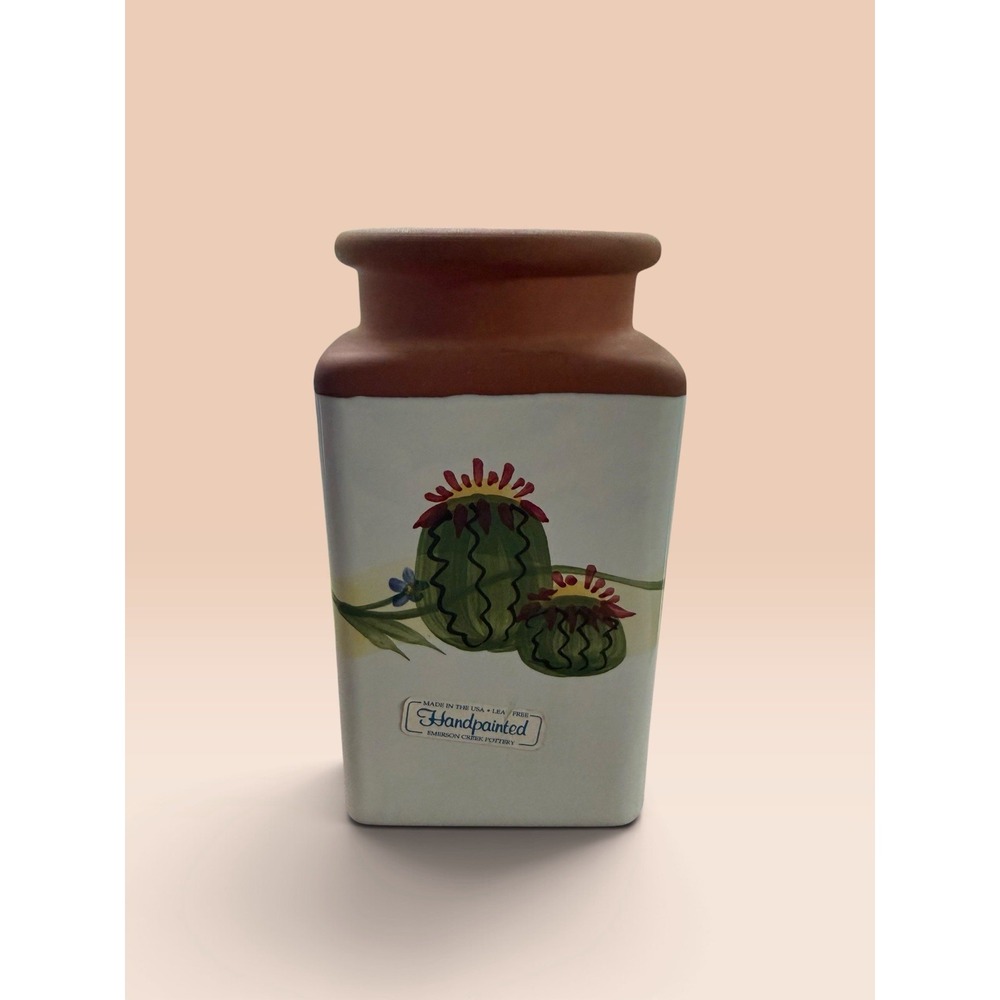 Vintage Emerson Creek Pottery Hand painted Square Vase Spring Flowers Cactus USA